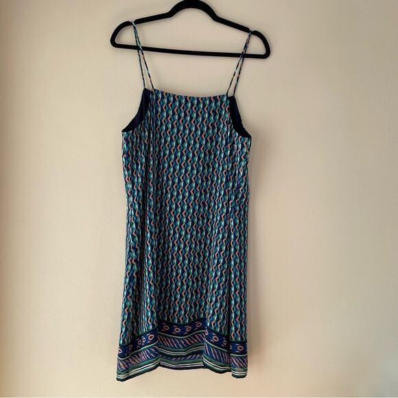 Anthropologie Maeve Sleeveless Silk Slip Mini Dress Geo Print Teal Blue Pink L - Picture 2 of 7